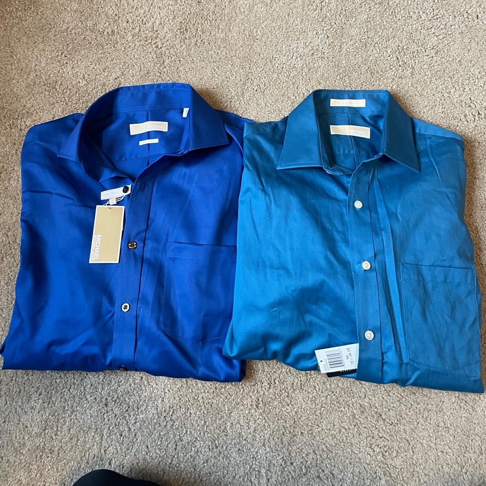 2 NWT MICHAEL Michael Kors Men's Blue & Teal Dress Shirts, Size 15 1/2 34/35